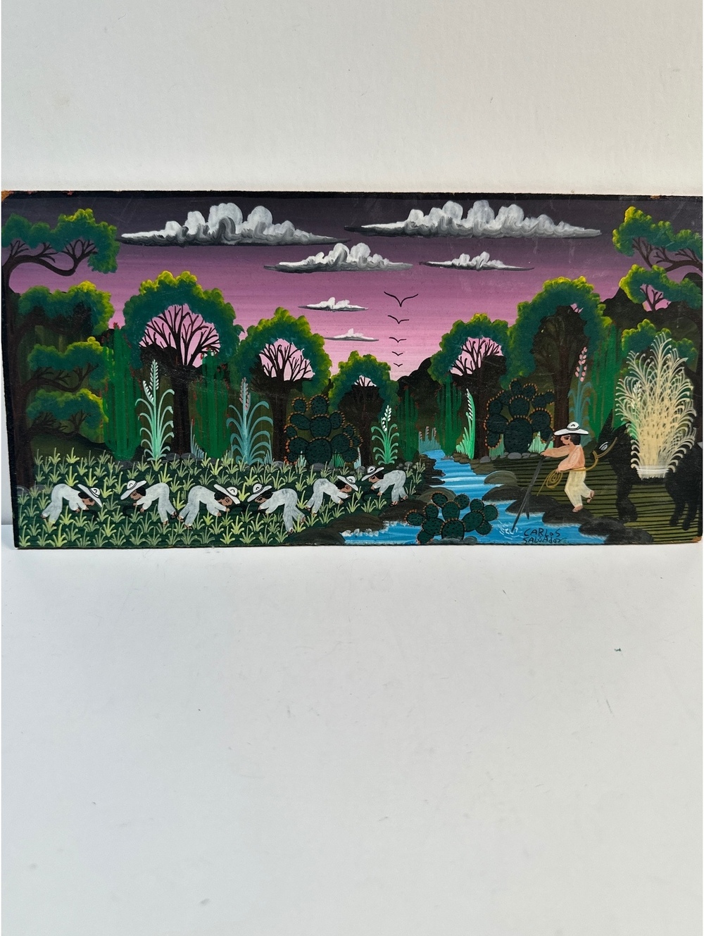 Mexican Folk Art Painting Carlos Salvador Unframed 12x26 Field Workers Fishing